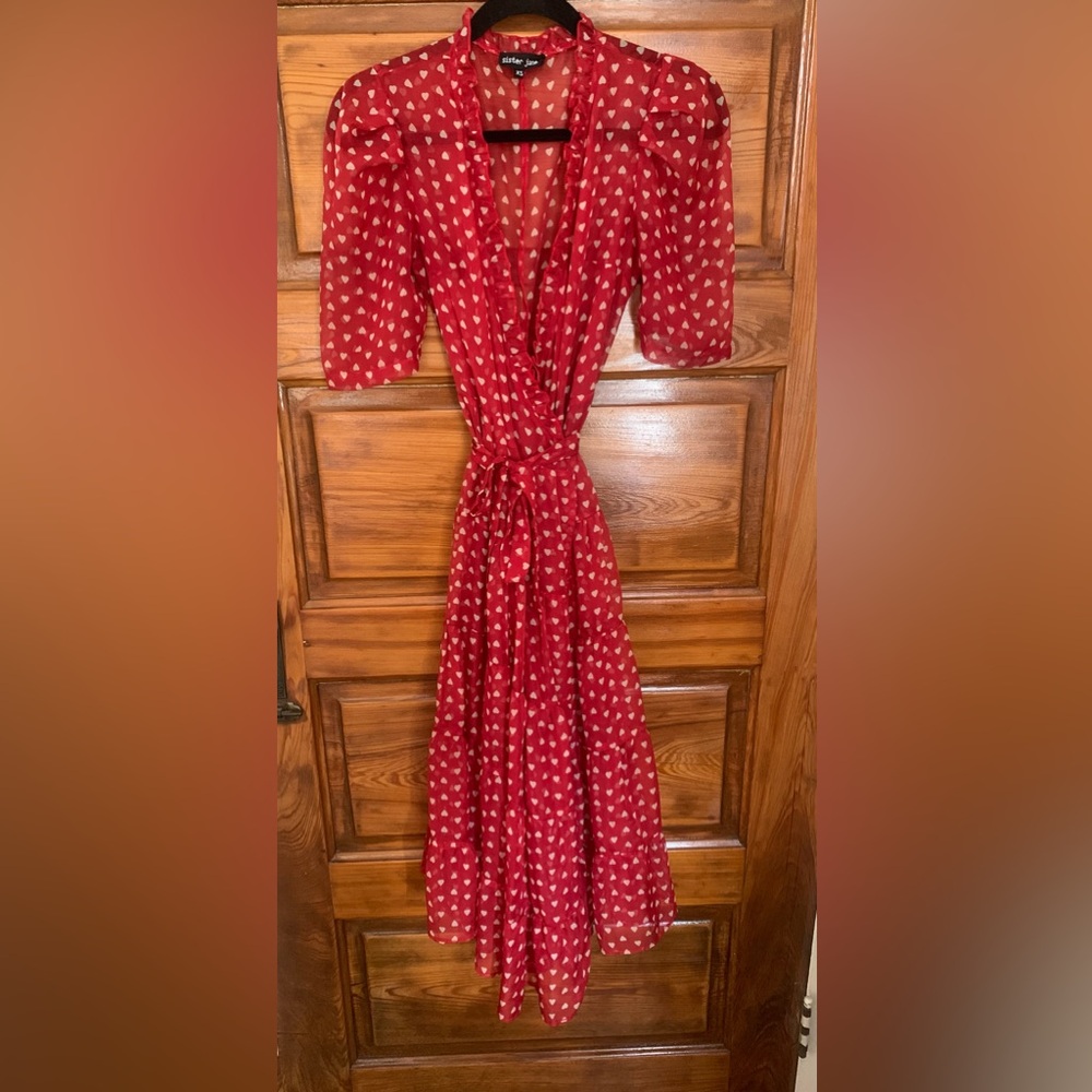 Sister Jane Scarlet Whistle Midi Wrap Dress With Hearts sz xs